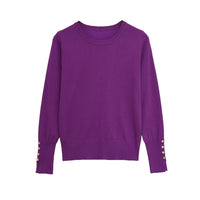 Bella | Gold Button Cuff Crew Neck Long Sleeve Fitted Lightweight Knit Top