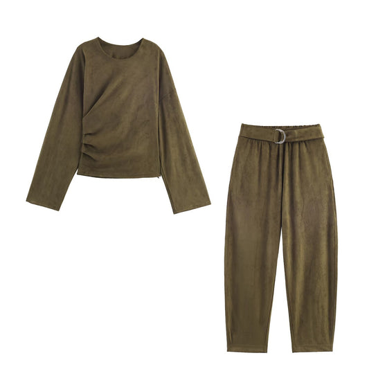 Harper | Army Green Suede Feel Two Piece Set