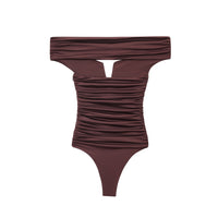 Tilly | Off-Shoulder V-Plunge Ruched Top in Brown