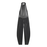 Ayla | High Halter Neck Cinched Waist Metallic Wide-Leg Jumpsuit in Black