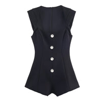 Ada | Square Neck Diamante Button Romper in Black