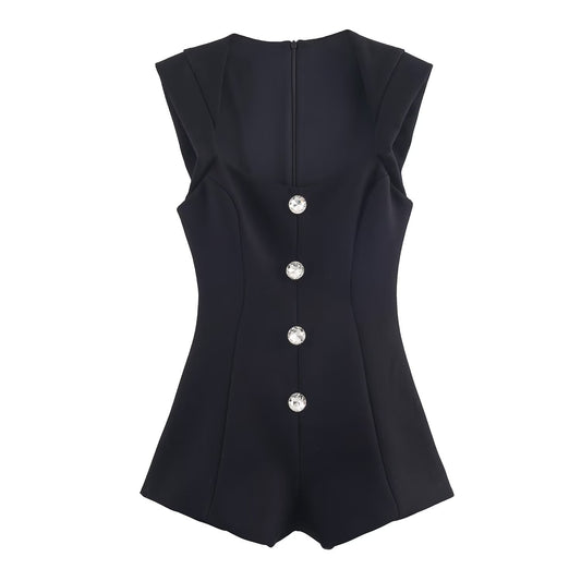 Cleo | Elegant Corset Black Playsuit Square Neck Button Detail
