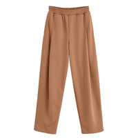 Faye | Elasticated Waist Stitched Pleat Wide-Leg Jersey Trousers in Blue, Brown and Khaki
