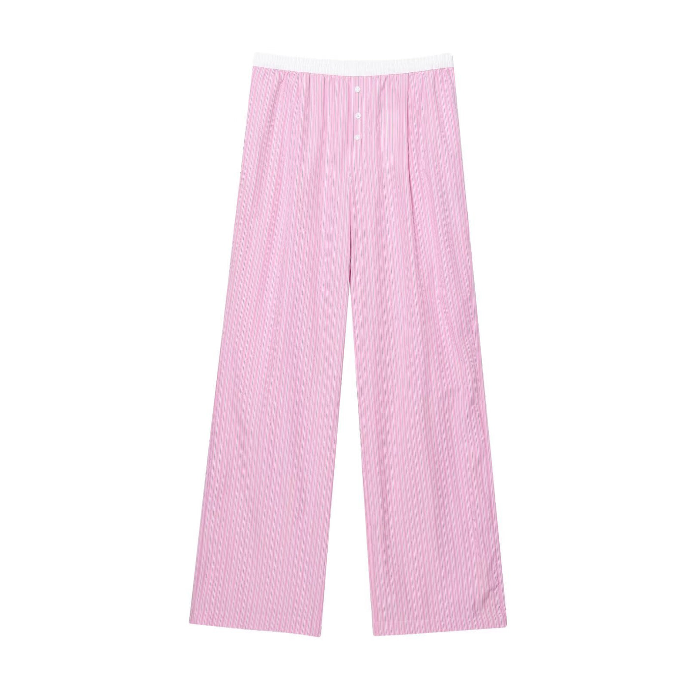 Mary | Stripe Contrast Waistband Button Fly Wide-Leg Cotton Trousers