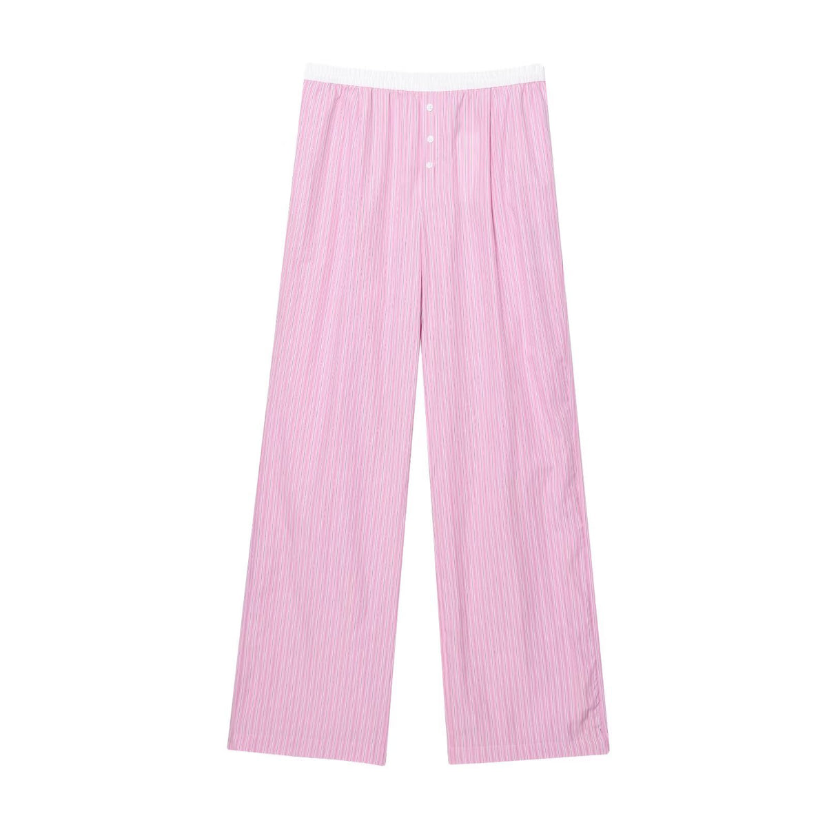 Mary | Stripe Contrast Waistband Button Fly Wide-Leg Cotton Trousers