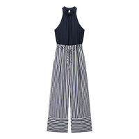 Adeline | Halter Neck Self-Tie Waist Stripe Flowing Wide-Leg Jumpsuit in Navy