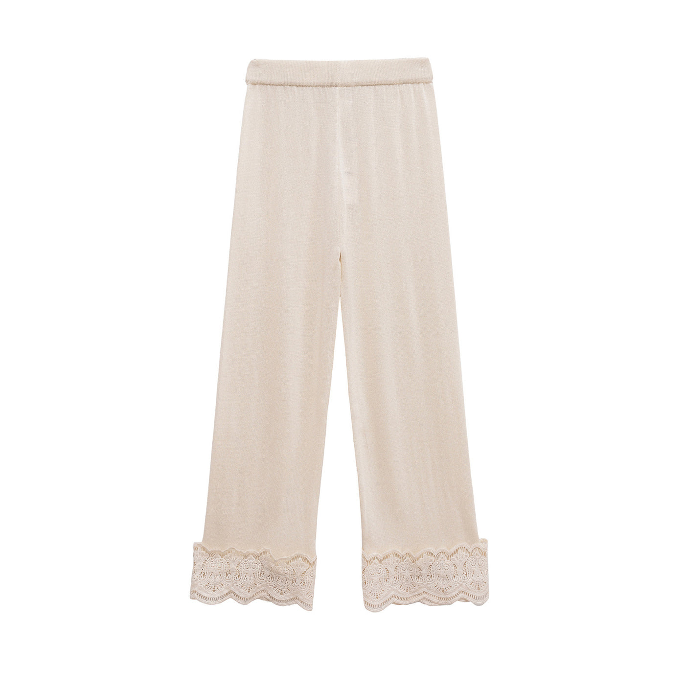 Rosa | Lace Hem Elasticated Waist Brushed Terry Wide-Leg Trousers in Cream