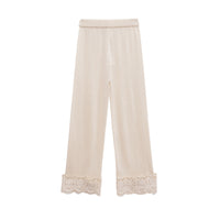 Rosa | Lace Hem Elasticated Waist Brushed Terry Wide-Leg Trousers in Cream