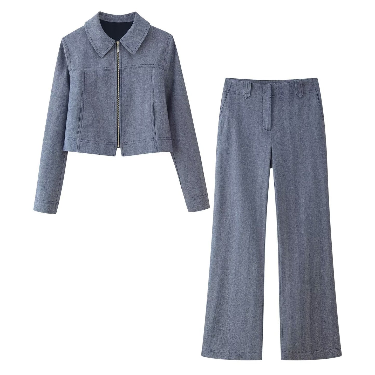 Kendra | Cropped Blazer And Wide Leg Pants Set Blue Gray