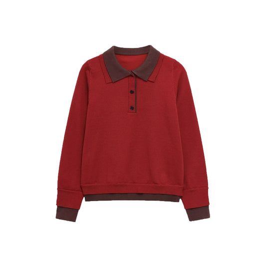Hazel | Red Knit Long Sleeve Polo Jumper with Contrast Collar