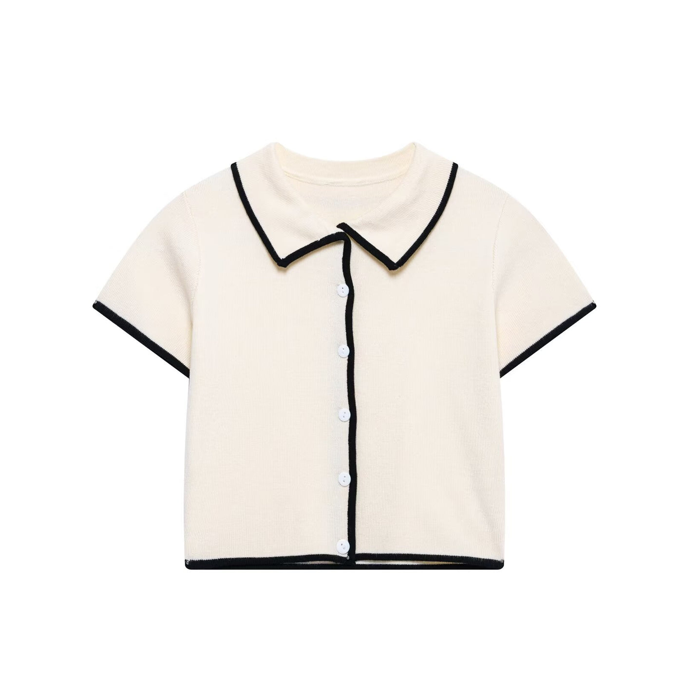 Megan | Contrast Piping Collar Button Front Ribbed Knit Top