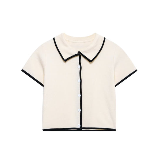 Ivy | Cropped Button Up Shirt Cream Short Sleeve Contrast Trim