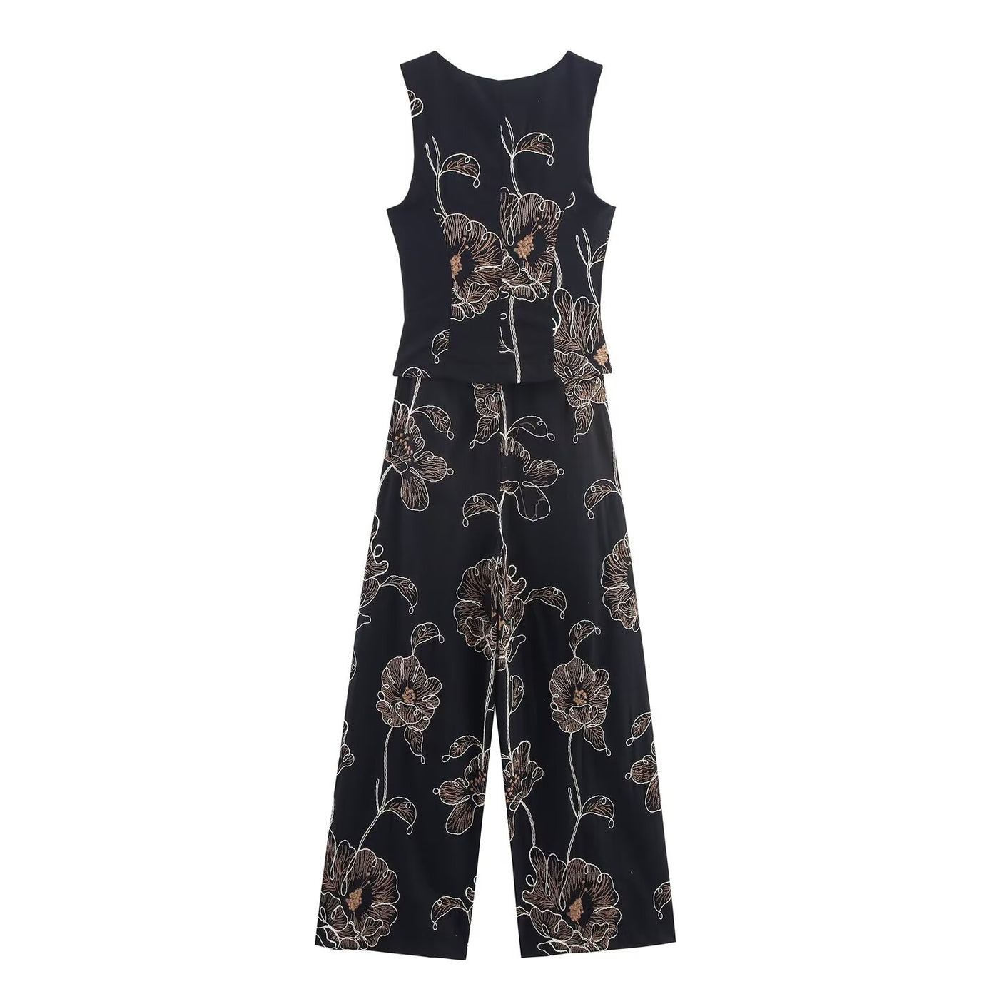 Ailsa | Floral Print Square Neck Peplum Top and Wide-Leg Trousers Matching Set in Black