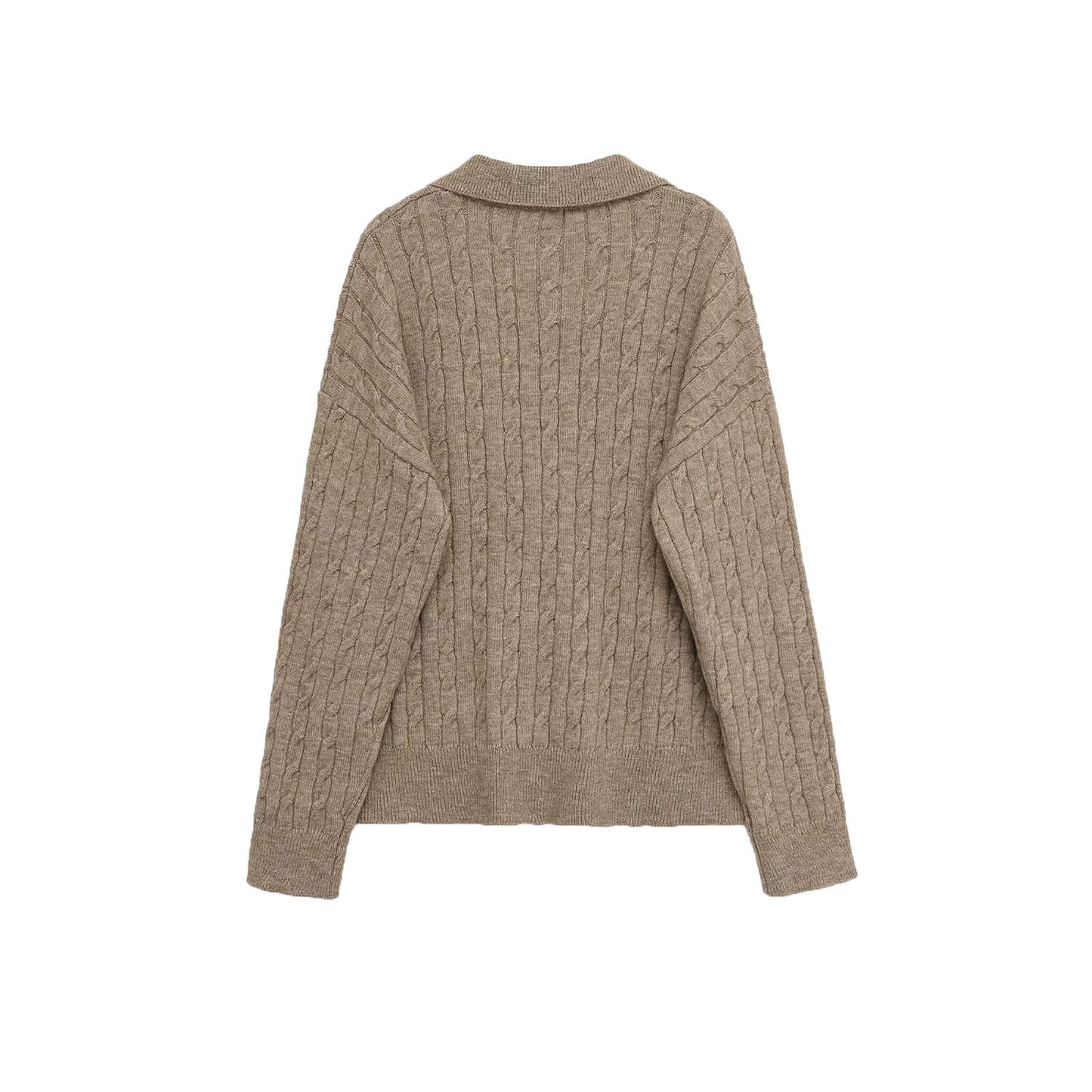 Eleanor | Brown Cosy Cable Knit V-Neck Polo Jumper