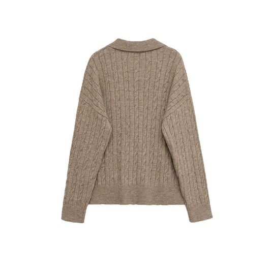 Eleanor | Brown Cosy Cable Knit V-Neck Polo Jumper