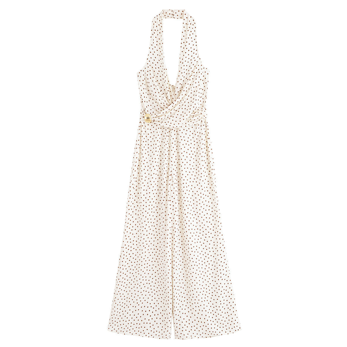 Alexandra | Halter Neck Wrap Bodice Deep V Gold Buckle Polka Dot Wide-Leg Jumpsuit in Cream