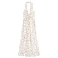 Alexandra | Halter Neck Wrap Bodice Deep V Gold Buckle Polka Dot Wide-Leg Jumpsuit in Cream