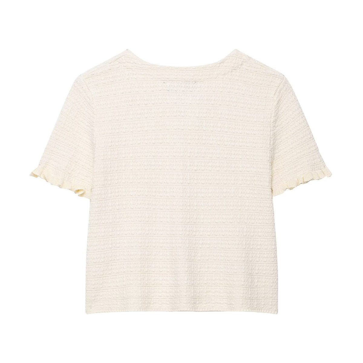 Anna | Pearl Button Frilled Sleeve Front Pocket Cropped Knit Top