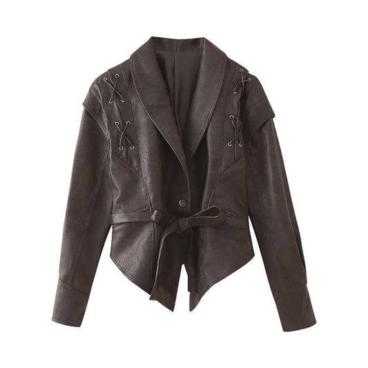 Camille | Leather Jacket Brown Belted Shawl Collar Fitted