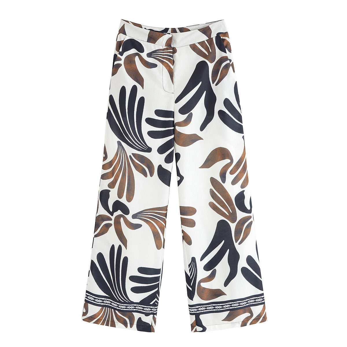 Daisy | Abstract Print Border Hem Wide-Leg Trousers with Side Pockets