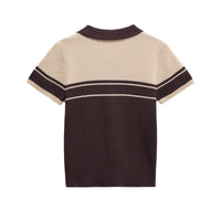 Hattie | Colour Block Stripe Ribbed Polo Crop Top in Brown