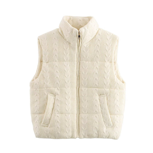 Vera | Knitted Puffer Vest Cream Cable Knit Sleeveless Zip Up