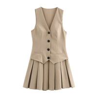 Rebecca | Pinstripe V-Neck Waistcoat and Pleated Mini Skirt Matching Set