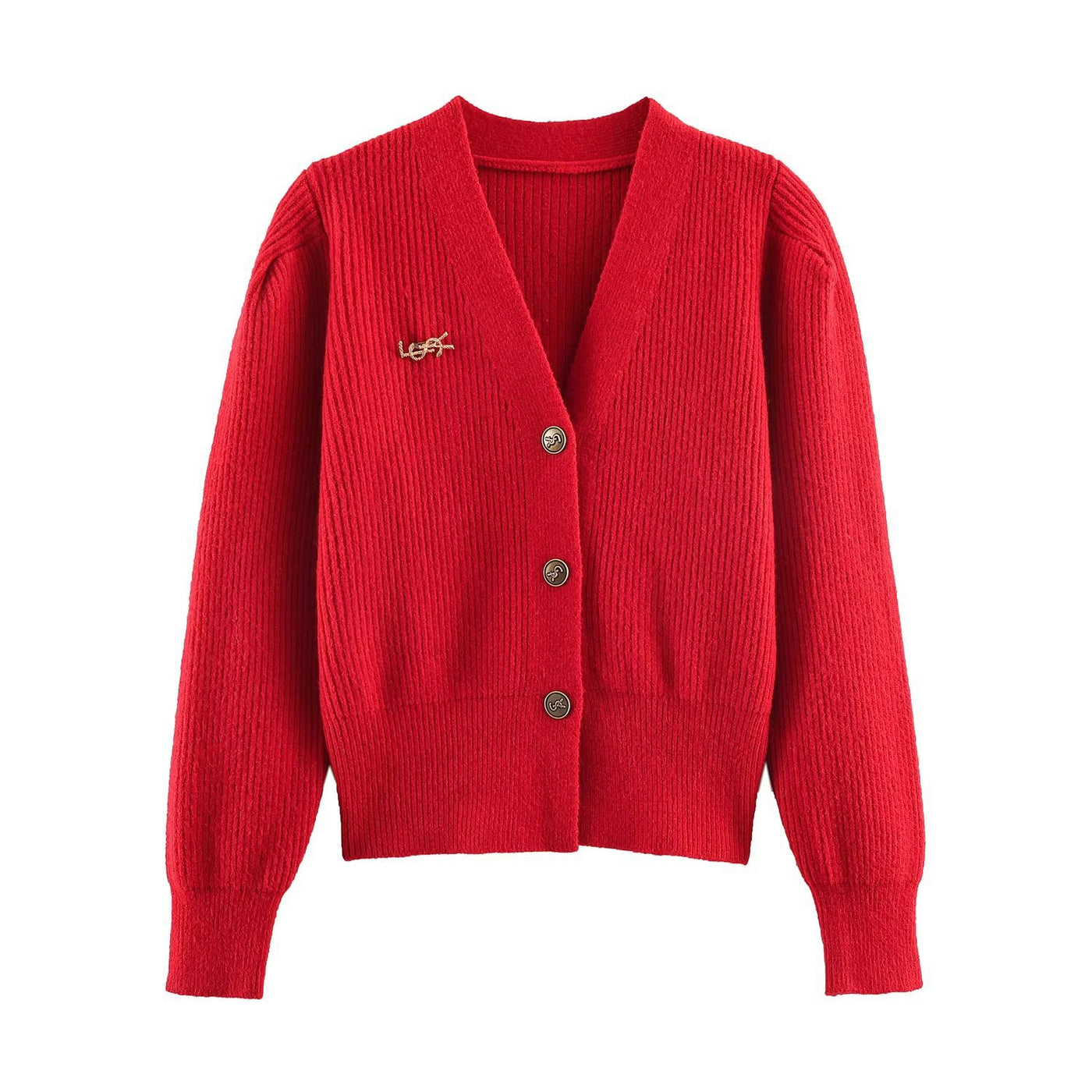 Grace | V-Neck Button-Front Puffed Shoulder Ribbed Knit Cropped Cardigan