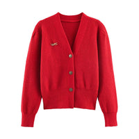Grace | V-Neck Button-Front Puffed Shoulder Ribbed Knit Cropped Cardigan