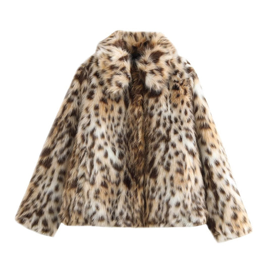 Alma | Winter Leopard Print Faux Fur Jacket Brown