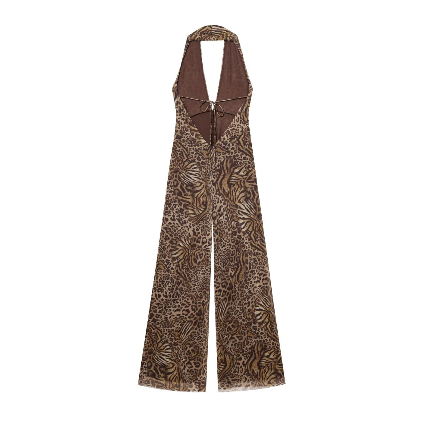 Camilla | Deep V-Neck Animal Print Halter Wide-Leg Chiffon Jumpsuit in Brown