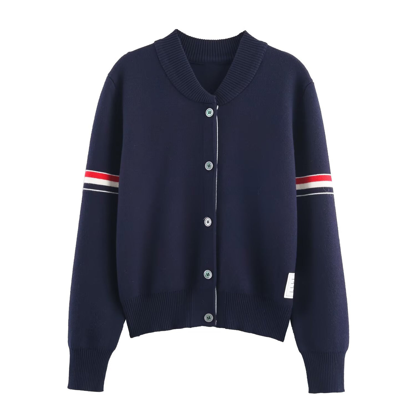 Maya | Stripe Arm Detail Crew Neck Button Front Ribbed Cropped Knit Cardigan