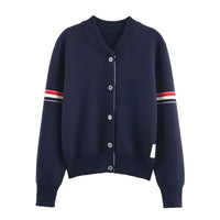 Maya | Stripe Arm Detail Crew Neck Button Front Ribbed Cropped Knit Cardigan