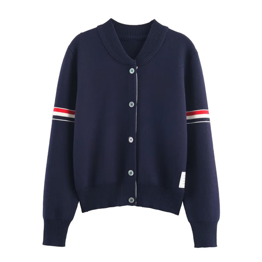 Wren | Navy Bomber Jacket Varsity Striped Sleeve Button Front