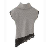 Betsy | Patterned Fine Knit Lace Trim Asymmetric Top