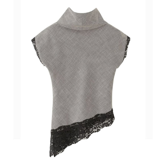 Piper | Asymmetric Cowl Neck Top Grey Sleeveless Lace Trim Fitted