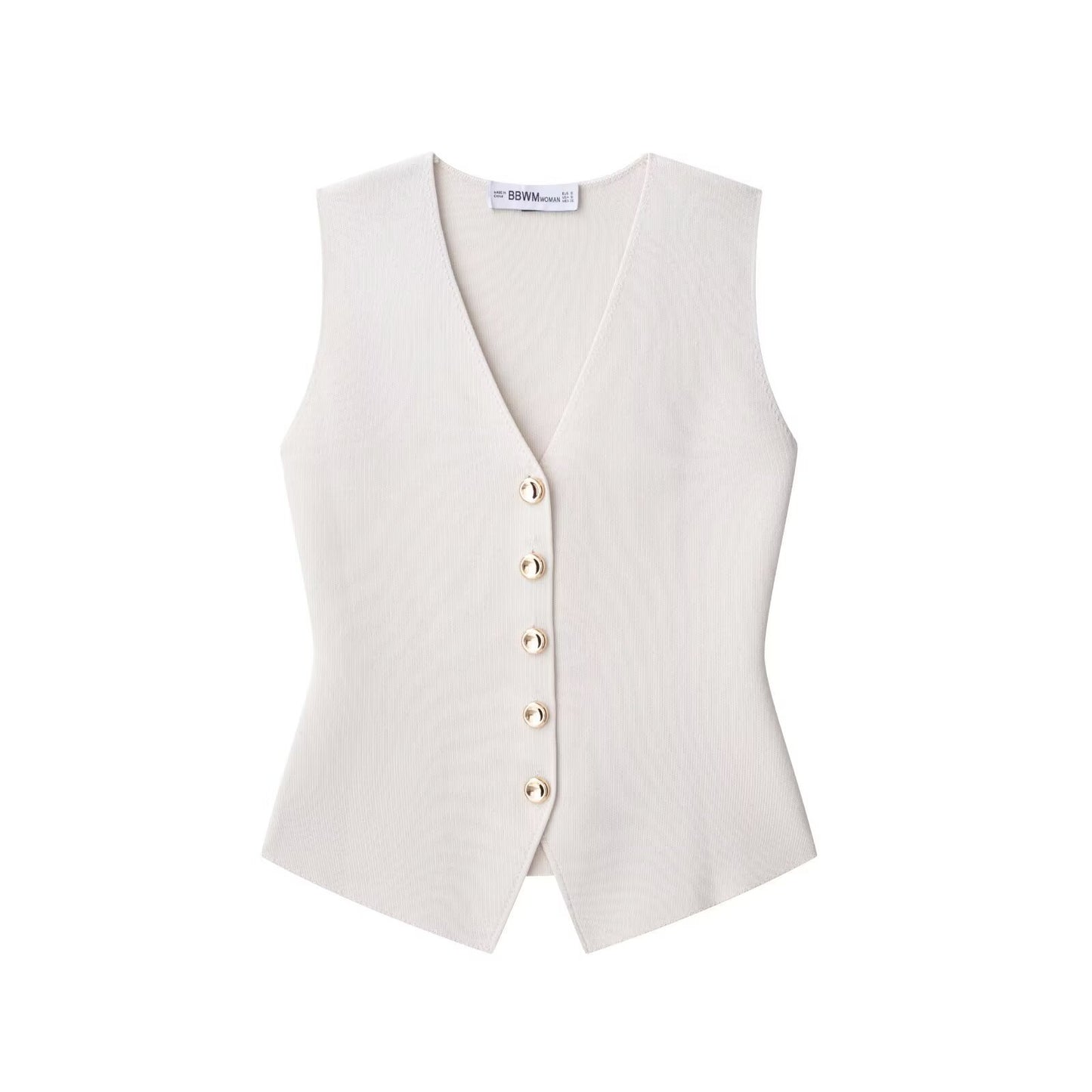Demi | Elegant Vest Top Cream Sleeveless Fitted V Neck Gold Button
