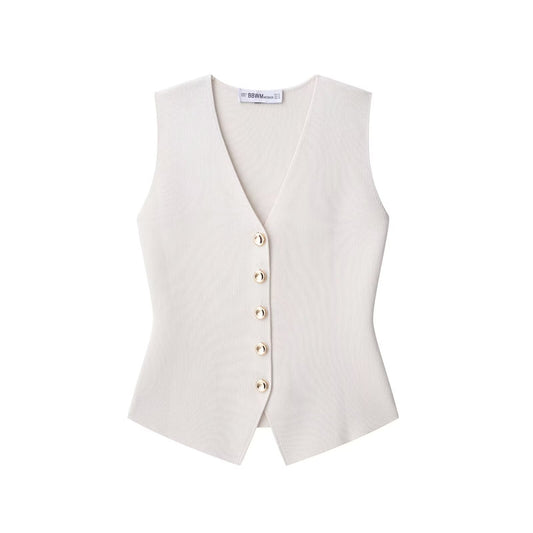 Demi | Elegant Vest Top Cream Sleeveless Fitted V Neck Gold Button