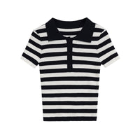 Phoebe | Striped Ribbed Knit Polo Crop Top
