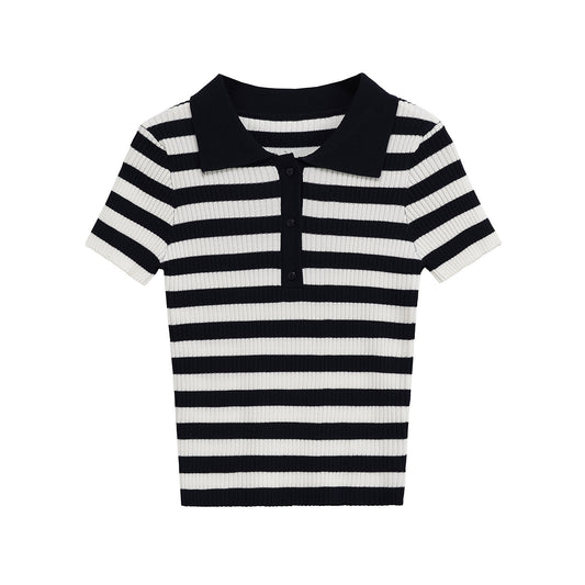 Harper | Chic Ribbed Knit Striped Polo Shirt