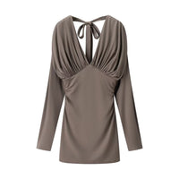 Tallulah | Deep V-Neck Draped Bodice Long Sleeve Bodycon Mini Dress