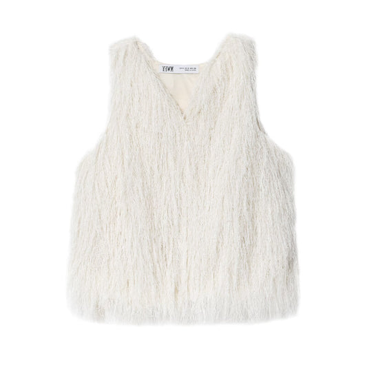 Willa | Fluffy Vest Top White Sleeveless V Neck