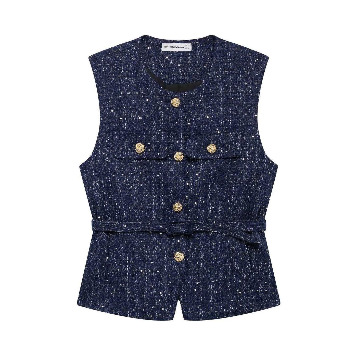 Gia | Elegant Tweed Sleeveless Blazer Black Belted Button Front