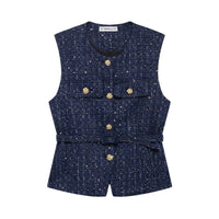 Gia | Elegant Tweed Sleeveless Blazer Black Belted Button Front