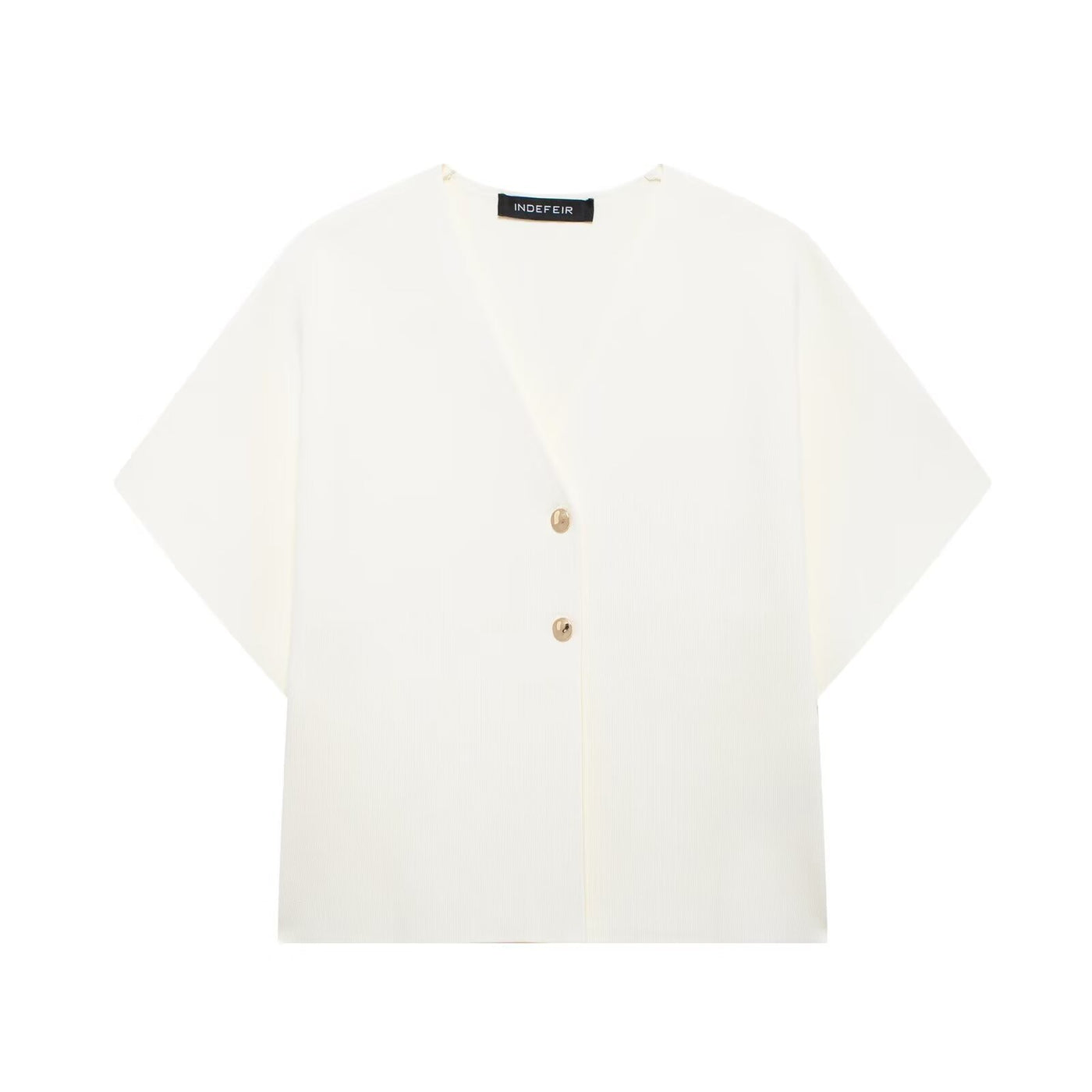 Penelope | V-Neck Gold Button Short Sleeve Relaxed Cropped Knit Top