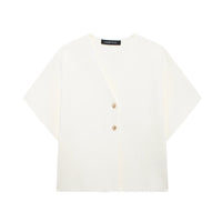 Penelope | V-Neck Gold Button Short Sleeve Relaxed Cropped Knit Top