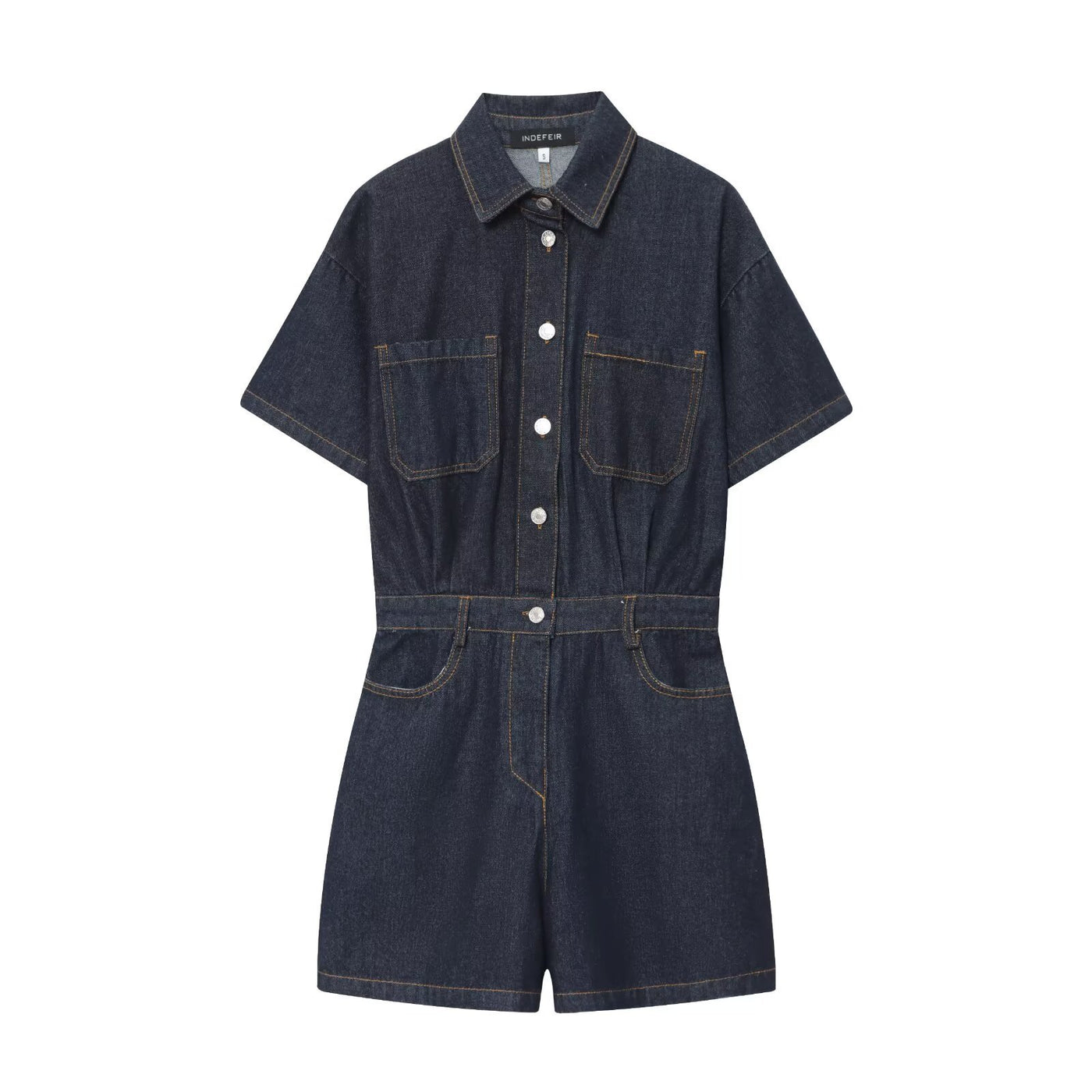 Abigail | Shirt Collar Button Front Twin Pocket Contrast Stitch Denim Romper in Dark Blue and Light Blue