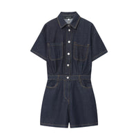 Abigail | Shirt Collar Button Front Twin Pocket Contrast Stitch Denim Romper in Dark Blue and Light Blue