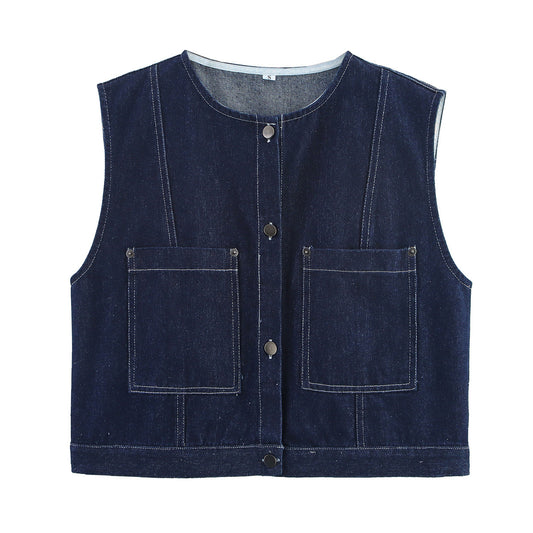 Ophelia | Sleeveless Denim Vest Navy Blue Button Front Utility Pockets
