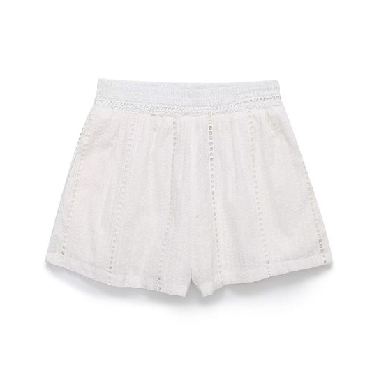 Lola | White Shorts Linen High Waisted Elasticated Broderie Detail